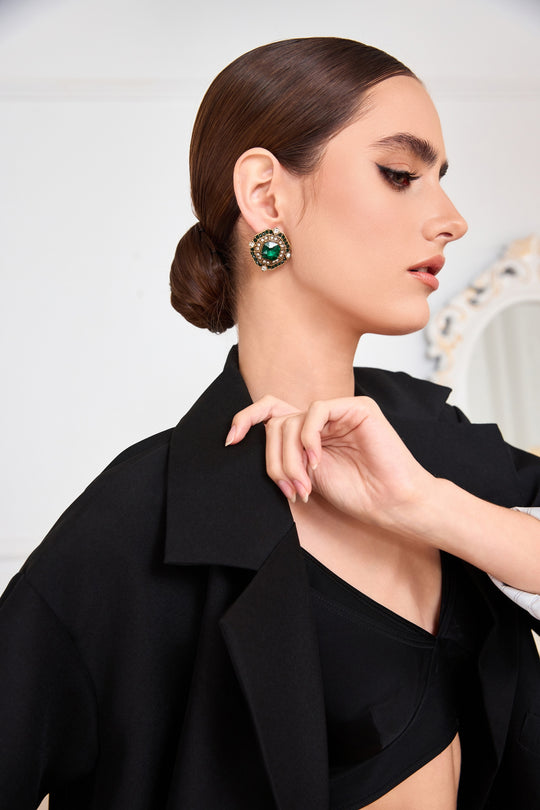 Emerald green rhinestone stud earrings