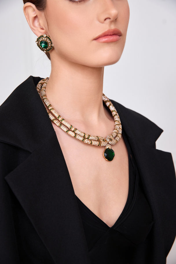 Layered necklace with emerald green pendant