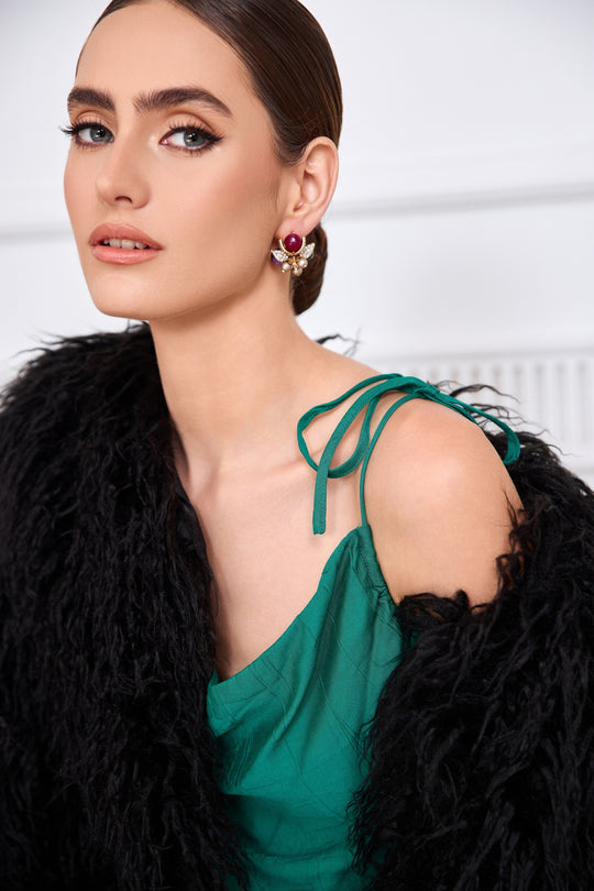 Stud earrings with rhinestone, natural stone, and glass pearl