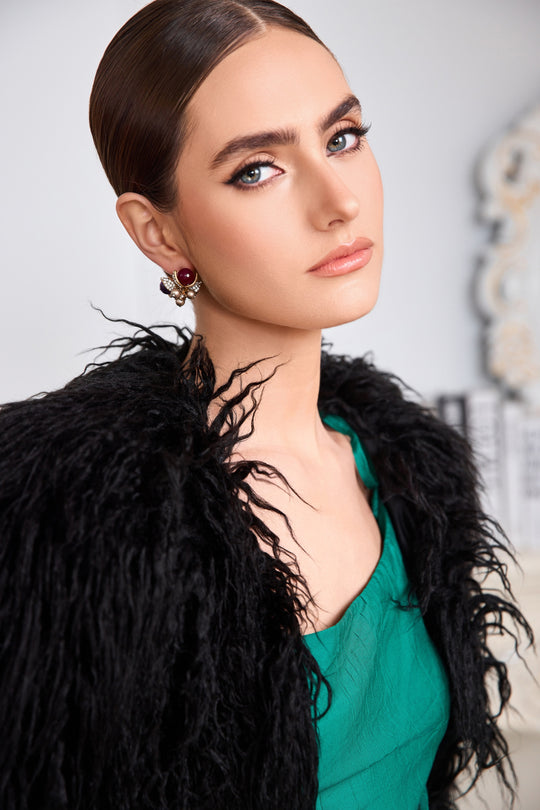 Stud earrings with rhinestone, natural stone, and glass pearl