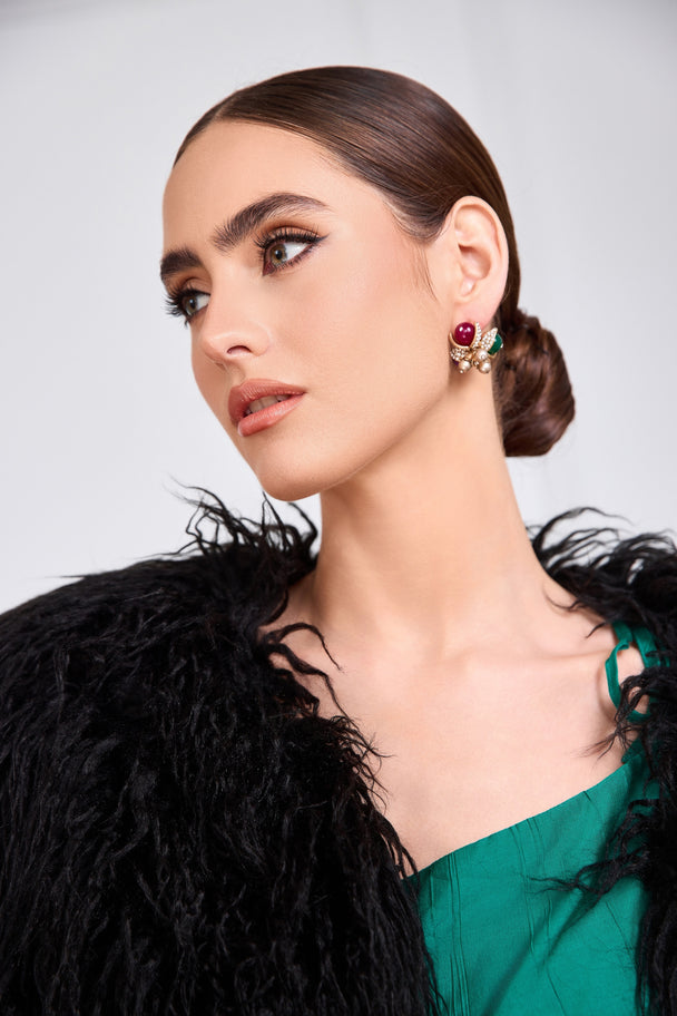 Stud earrings with rhinestone, natural stone, and glass pearl